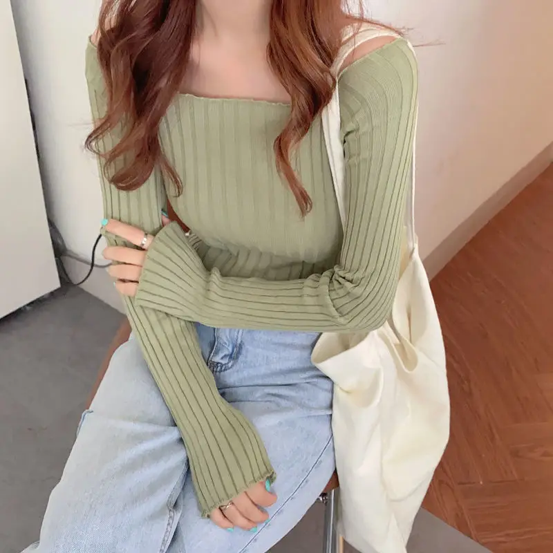 off-Shoulder Short Bare Midriff Slim Fit Knitted Women\'s Striped Top Woman Sweaters Femme Chandails Pull Hiver