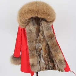 Maomaokong-abrigo de piel auténtica para mujer, Parka larga con forro de piel de conejo con capucha, Cuello de piel de mapache grande, chaqueta gruesa y cálida para invierno