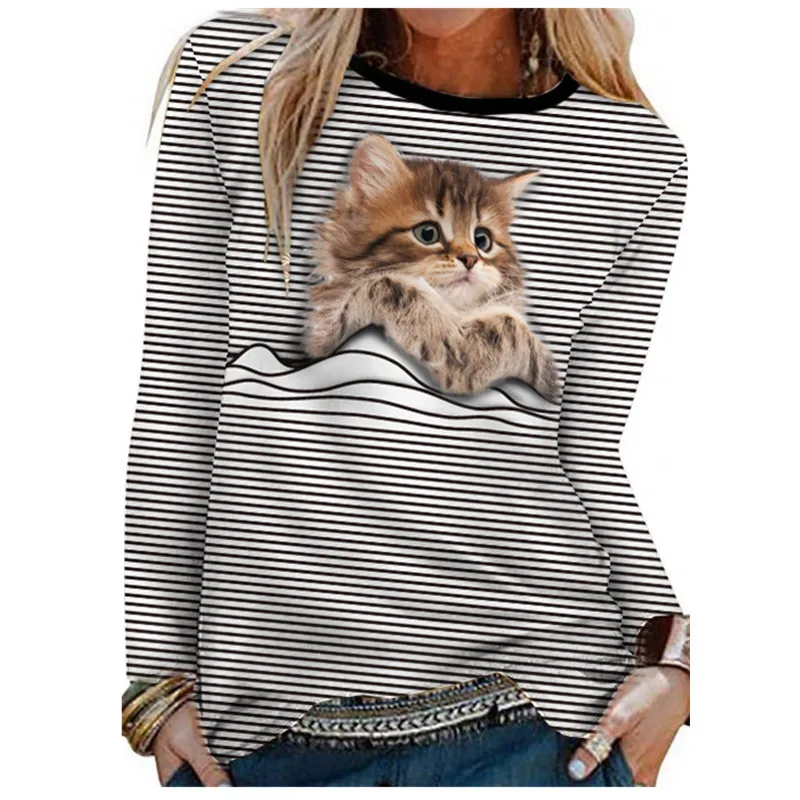 New 2022 Cartoon Cute Cats Print Tshirt Long Sleeve Women Tops Spring Casual T-shirts Round Neck Fashion Funny Loose Shirt Femme