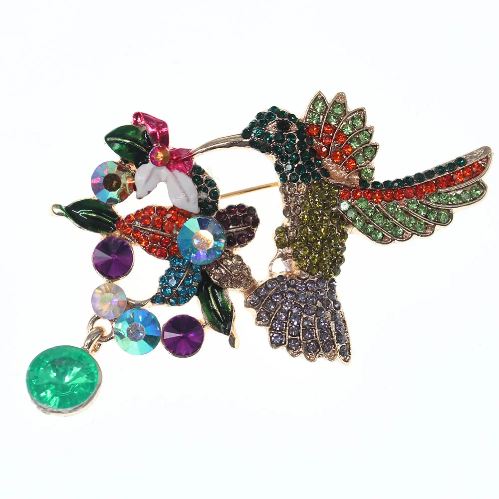 100pcs/lot 50mm Hummingbird With Flower Animal Bird Brooch Pin Green Crystal Rhinestone Brooches Wedding Brooch Pins