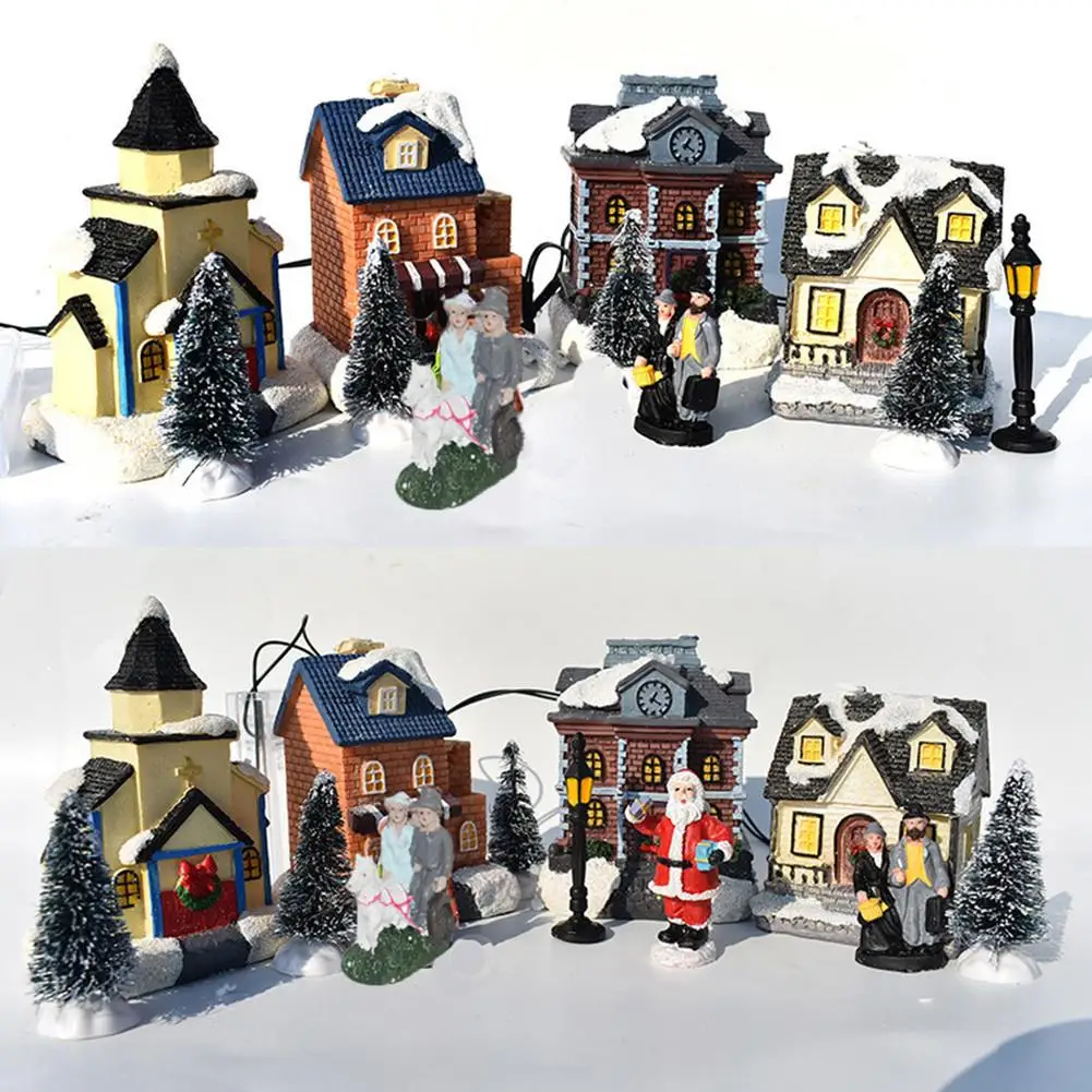 10Pcs/Set Christmas Santa Claus Snow House Tiny Scene Sets Luminous LED Light Up Xmas Tree Shop Village Decorations Figurines