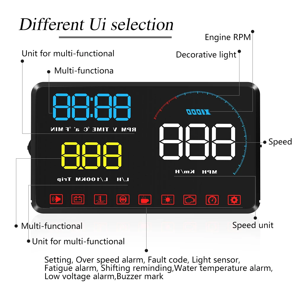 Geyiren A9 Head Up Display obd2 Display HUD Car Digital Speedometer Windshield Speed Projector Reminder Water Temp KM/H MPH RPM