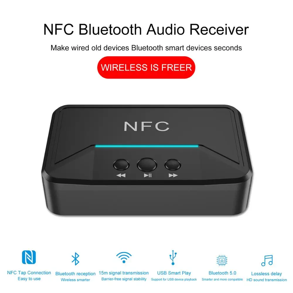 VAORLO NFC 5.0 블루투스 수신기, A2DP AUX 3.5mm RCA 잭, USB 스마트 재생 스테레오 오디오 무선 어댑터, 자동차 키트 스피커용
