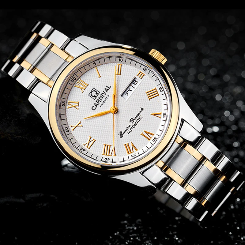 

CARNIVAL Brand Mechanical Watch Luxury Calendar Gold Silver Dress Automatic Wristwatches Clock Waterproof for Men Montre Homme