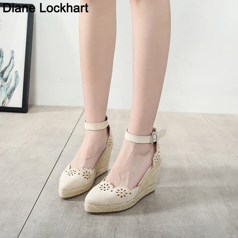 Womens Summer Espadrille Pumps Platform Wedge Sandals Ankle Buckle Strap Pointed Toe Shoes Beige Women Casual Hollow High Heels