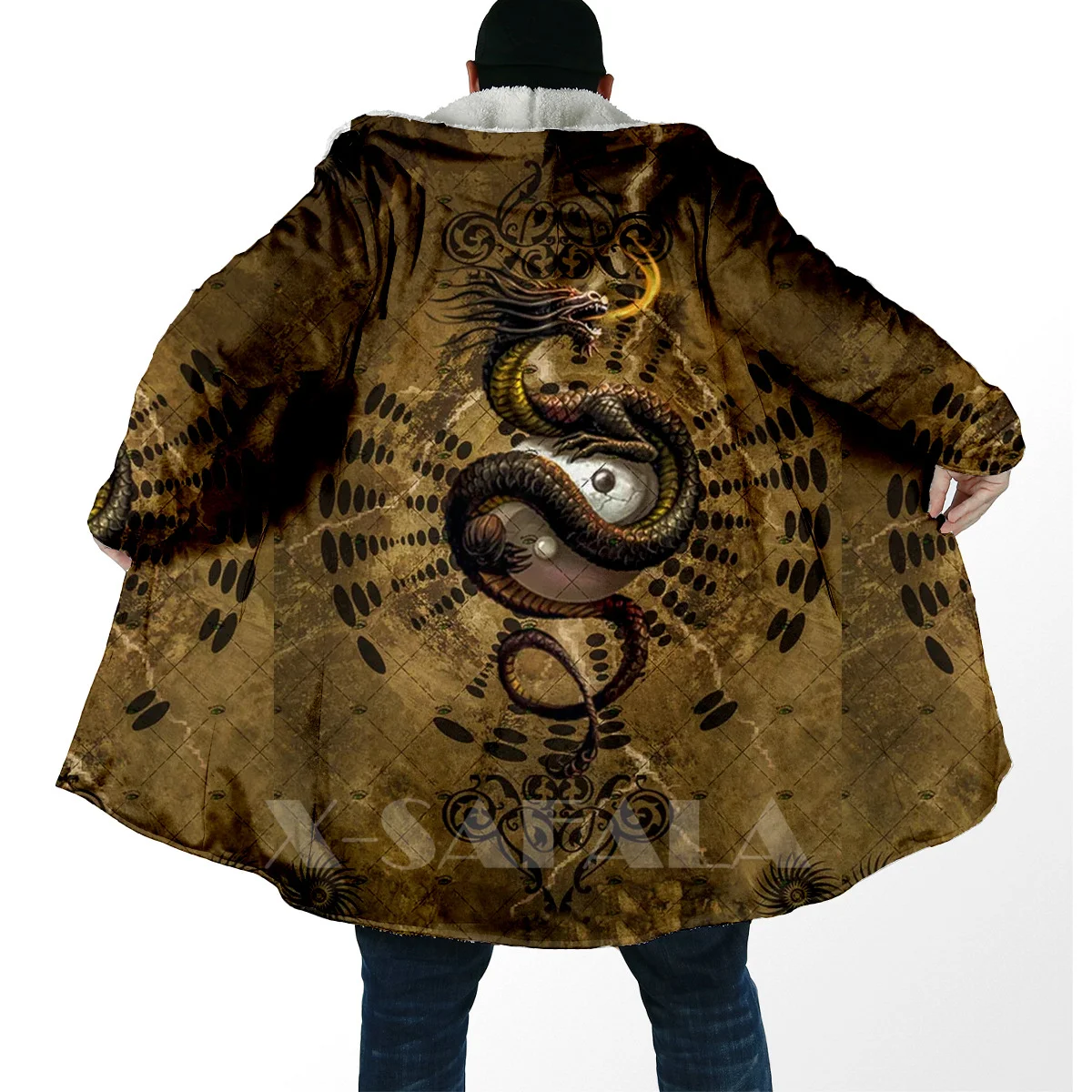 

Thick Warm Hooded Cloak for Women Men Tai Chi Yin And Yang Dragon Overcoat Coat Windproof Fleece Cape Robe Hooded Blanket-3