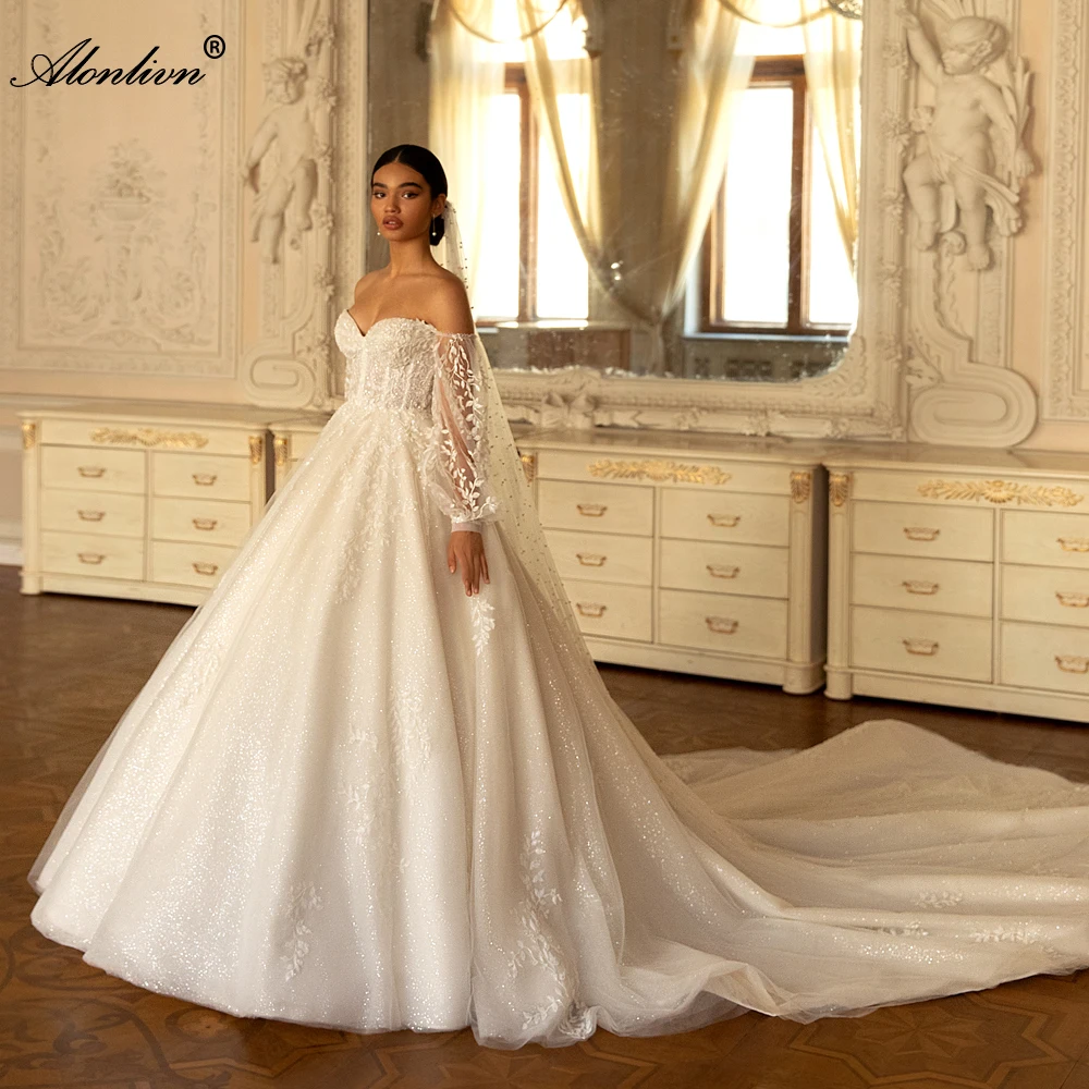 

Alonlivn Gorgeous Off The Shoulder A Line Wedding Dresses With Shiny Tulle Appliques Lace Bridal Gowns