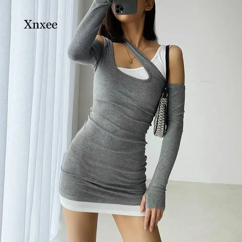 Women's Clothing Long SLeeve Slim Bodycon knitted Cotton Dress Off-shoulder Irregular Straps Dresses Summer Autumn