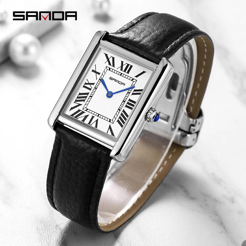 SANDA Original Brand Watch for Women Casual Ladies Wristwatch Luxury Leather Quartz Watches Simple Dial Design Roman Numerals