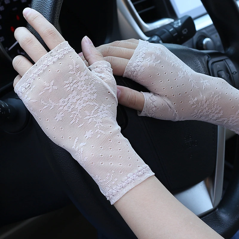 Guantes de protección solar de encaje de verano para mujer, sección delgada de medio dedo, tatuaje de cicatriz fría, decoración de conducción