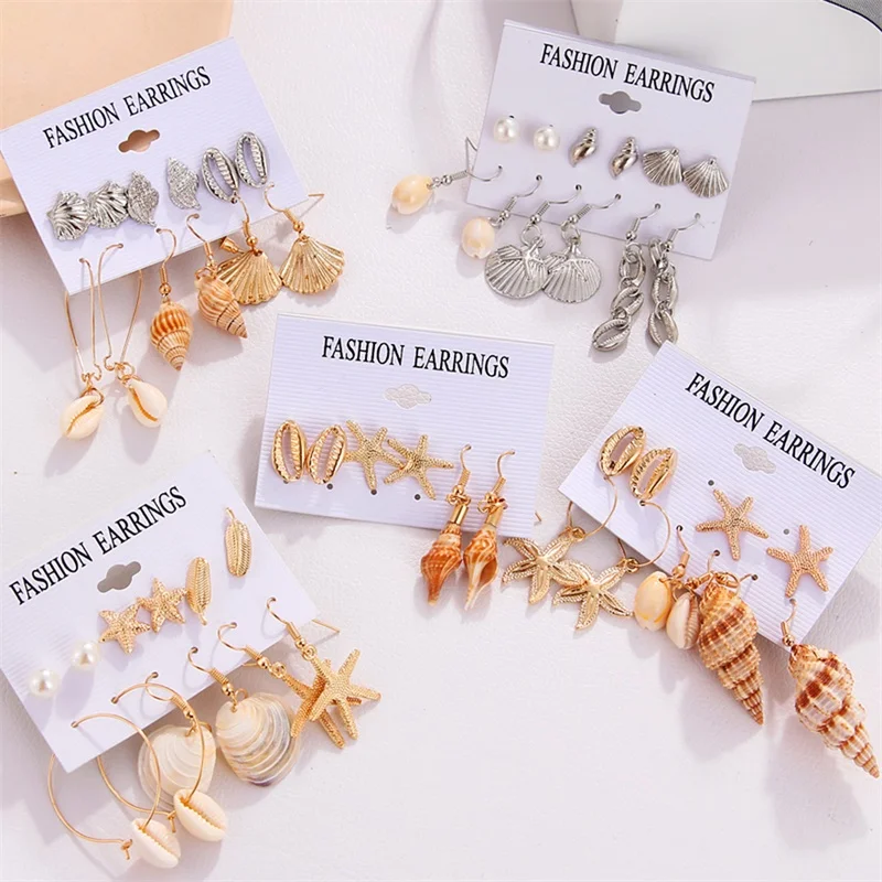 Shell Earrings Set For Women 6 Pair/set Bohemian Flower Tassel Long Earring Stud Female Brincos 2019 Fashion Beach Jewelry Gifts