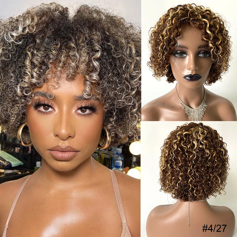 

Hignlight Brown color Brazilian curly Human hair wigs with Bangs 180 Density Bestsojoy Full Machine Made wigs for Women