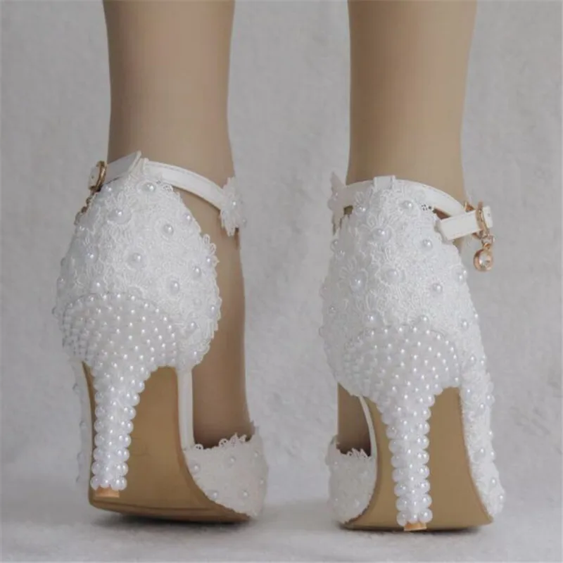 White lace heels wedding shoes bridal party shoes women\'s high heel shoes bridal shoes plus size 34-41