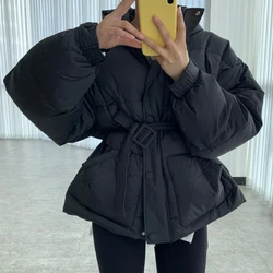 Thick Winter Clothes Women Jacket Solid Black Coats Female Cotton Korean Elegant Chic Woman Outwear Belt Fall Crop Jacket Female