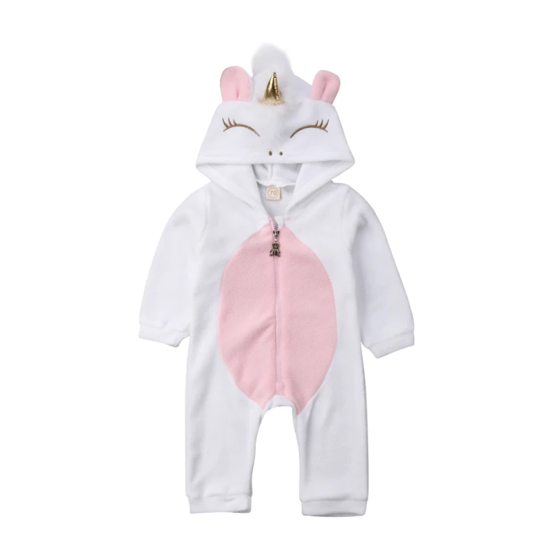 Baby Girl 3D Unicorn Flannel Rompers Fashion Girls Cartoon Hooded warm Zipper Jumpsuit Newborn Romper Clothes