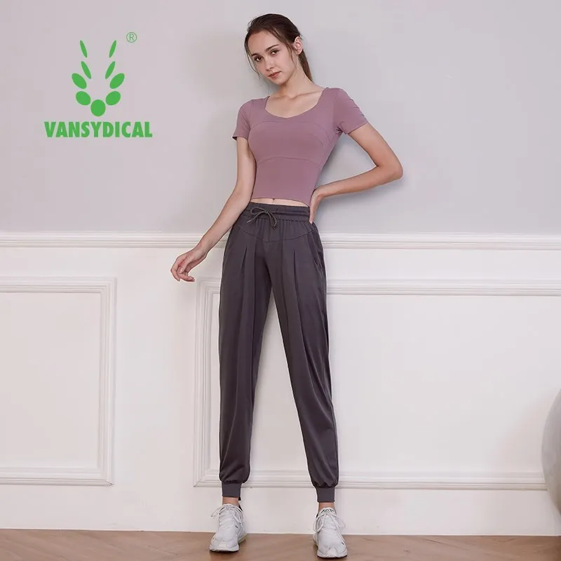 

Vansydical 2PCS Women Yoga Set Running Breathable Short Sleeve T-Shirt With Padded and Jogging High Waisted Baggy Sweatpants