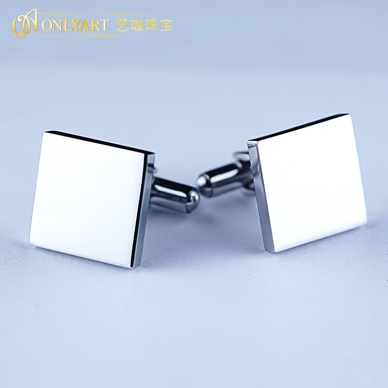 Silver Plate Blank Cuff Lnk Rhodium Plated Men Shirt Button Laser Engraved Square Cufflinks For Wedding OnlyArt Jewelry