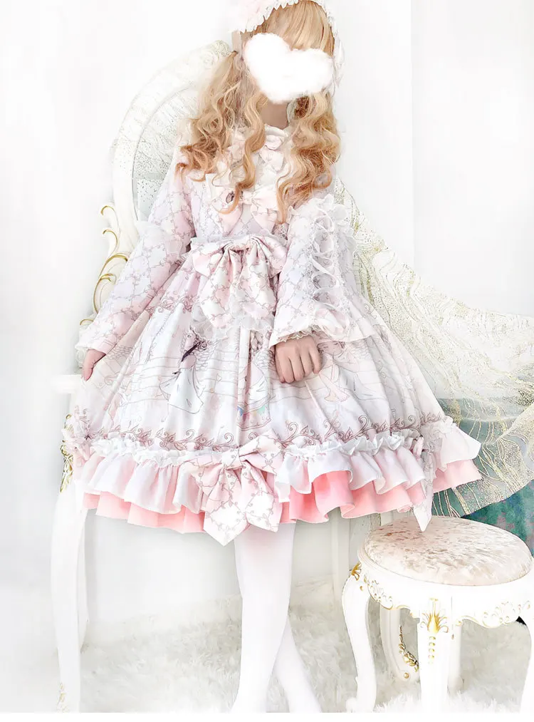 Princess sweet lolita dress retro lace bowknot o-neck lantern sleeve cute printing victorian dress kawaii girl gothic lolita op