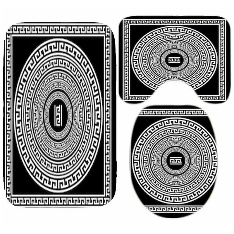 Modern Greek Key Bathroom Rugs Set for Toilet Home Decor Greek Key Bath Mats Carpet for Bathroom Non Slip Floor Shower Rug 3PCS