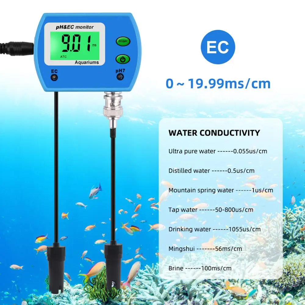 Misuratore di pH professionale 2 in 1 misuratore EC per acquario Monitor di qualità dell\'acqua multiparametro monitor pH / EC Online acidometro