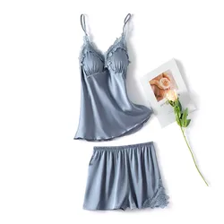 2PCS Strap Top&Shorts Pajamas Sets Summer Lady Lace Satin Sleepwear Sleep Suit Sexy V-Neck Chest Pads Pijamas Home Nightwear