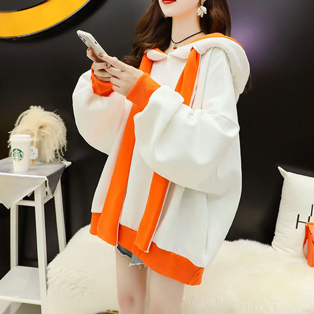 2022 Korean Hooded Sweatshirts Casual Solid Patchwork Long Sleeve Thick Fleece Hoodies Fashion Mid Length Hoodie