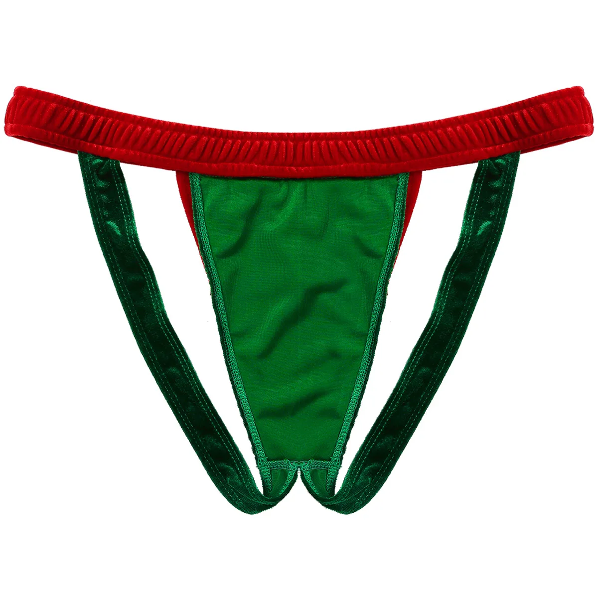 Santas Helper disfraz de terciopelo para hombre, suspensorio de tiro bajo con bolsa para bulto, Tanga con trasero abierto, Mr Claus suspensorio elástico, ropa interior