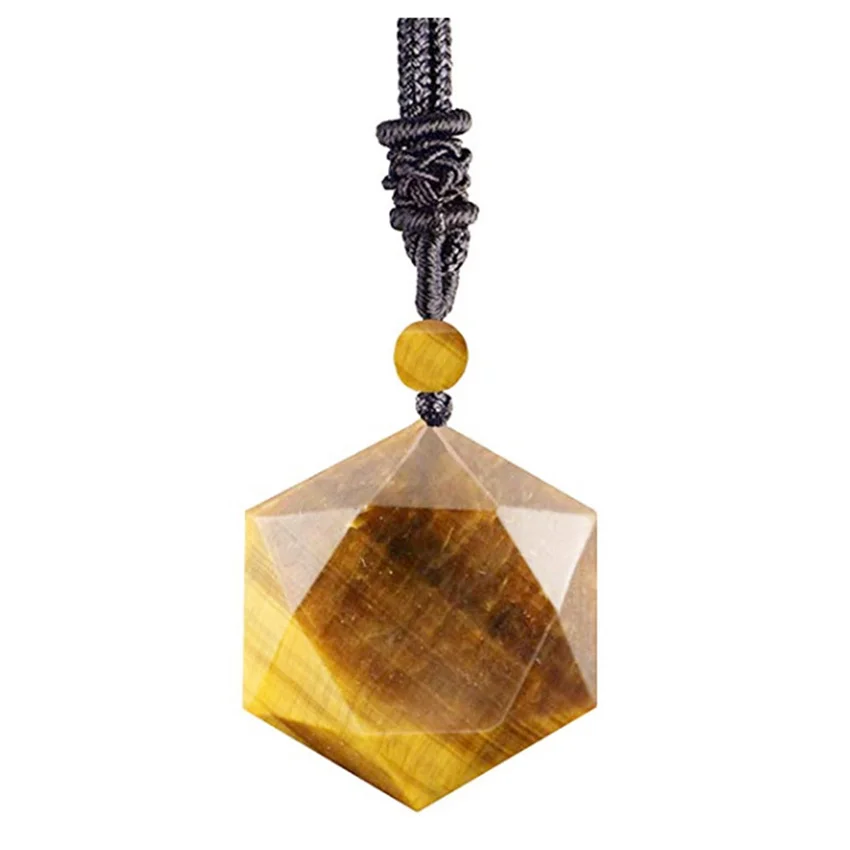 

FYJS Unique Jewelry Handmade Rope Chain Hexagon Star of David Pendant Natural Tiger Eye Stone Necklace