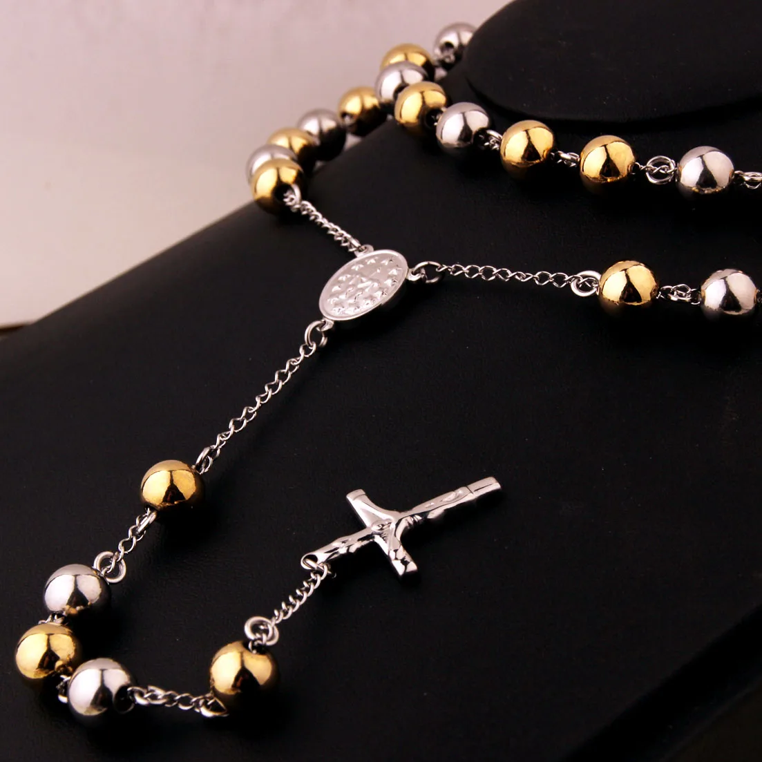 Heavy Mens Womens Chain Bead Rosary Cross Pendant Necklace Stainless Steel Gold Silver Color Jesus Christ 4/6/8/10mm