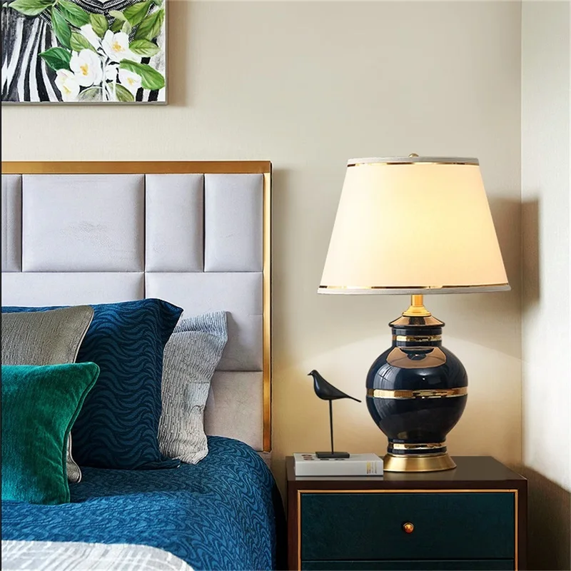 OURFENG Luxury Bedside Table Lamp Ceramic Blue Desk Light Copper Home Decorative for Living Room Office Bed Room Study
