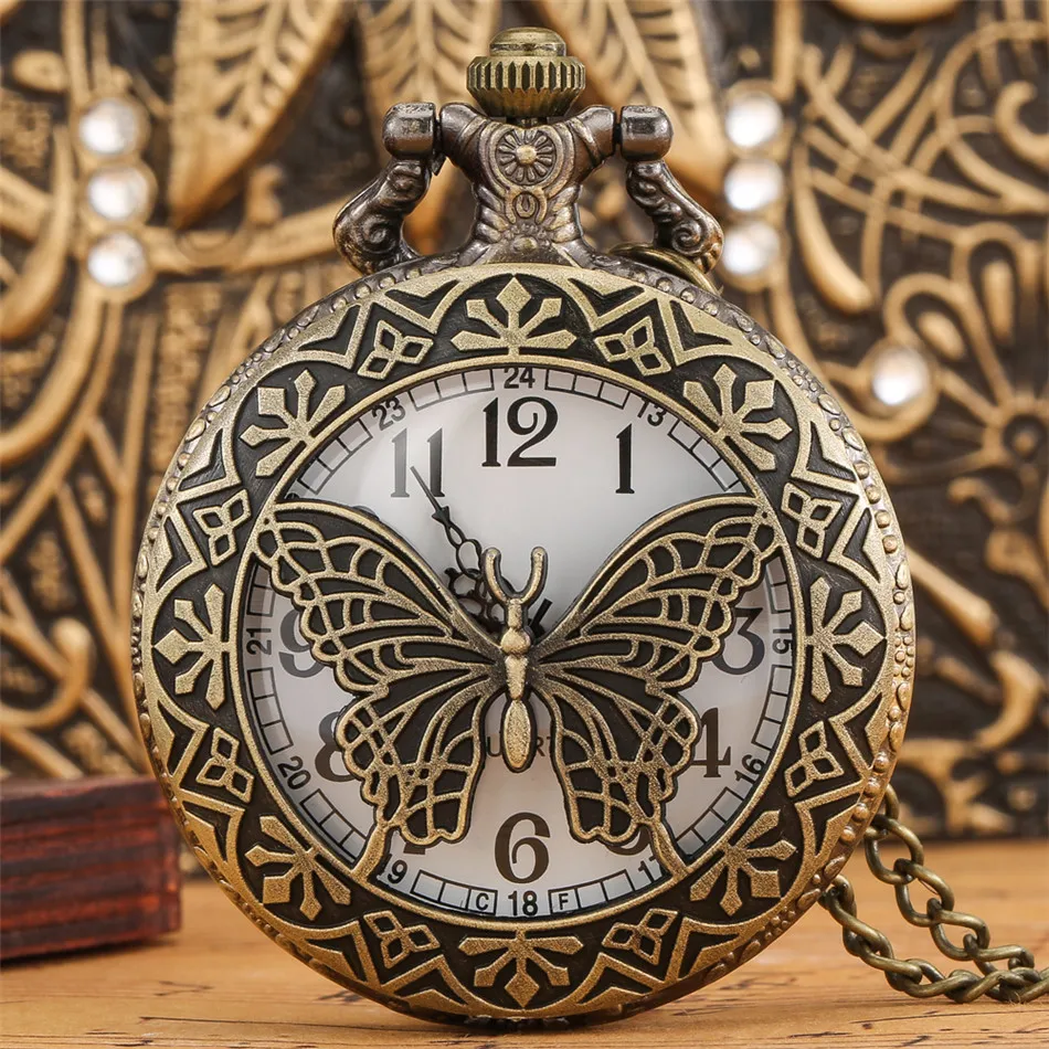 

Hollow Butterfly Display Necklace Pocket Watch Quartz Movement Bronze Sweater Chain Pendant Antique Clock Gifts Men Women Kids