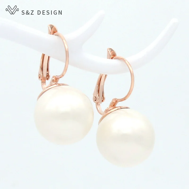 S&Z DESIGN New Fashion Big Round Imitation Pearl Beeswax Dangle Earrings For Women Jewelry 585 Rose Gold Color Eardrop