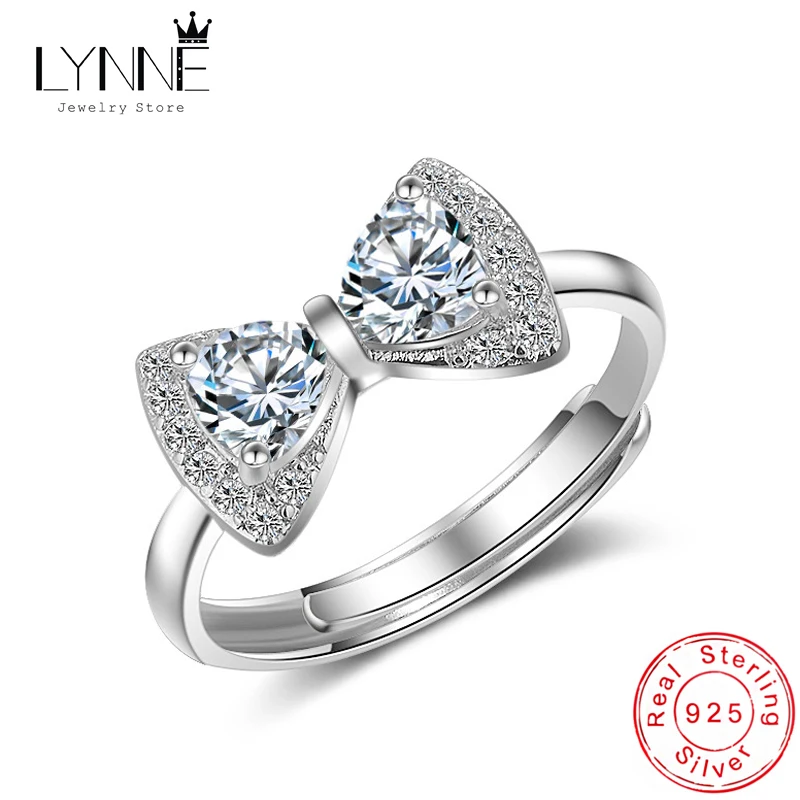 LYNNE Jewelry Women Fine Fashion Austria AAA Cubic Zirconia Bowknot Rings 925 Sterling Silver Open Resizable Party CZ Ring Gift