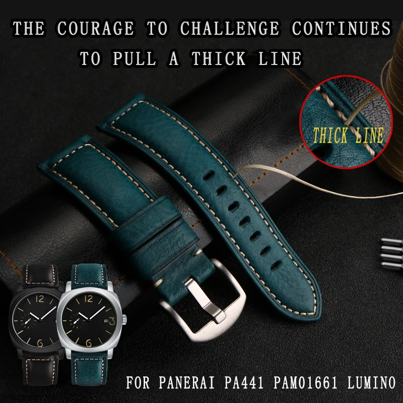 For Panerai PA441 PAM01661 Lumino watch strap with thickened Italian cowhide Watchbands Vintage Blue Watch Band male Bracelet 24