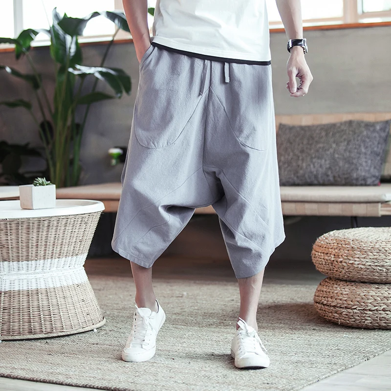 Pantalones bombachos Harajuku para hombre, Pantalón de algodón y lino, estilo chino Vintage, Color sólido, largo hasta la pantorrilla, verano, 2023