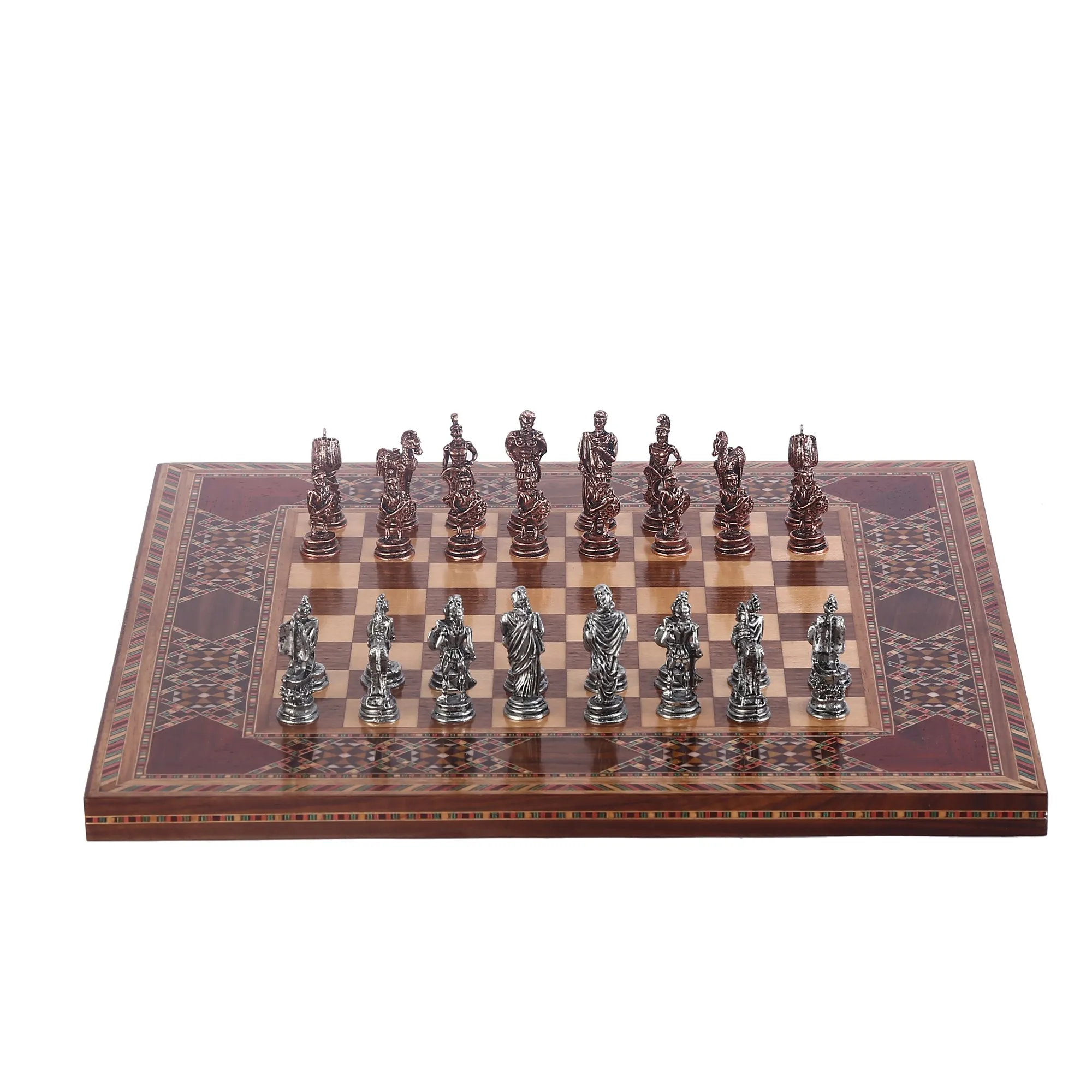 Antique Copper Troy Figures Metal Chess Set Adults Kids, Handmade Pieces, natural Solid Wooden Chess Board Small Size King 5cm