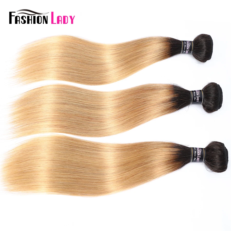 FASHION LADY-mechones de cabello humano precoloreado para mujer, cabello liso brasileño precoloreado, 1B/27, cabello humano degradado, paquete de 3/4, no Remy