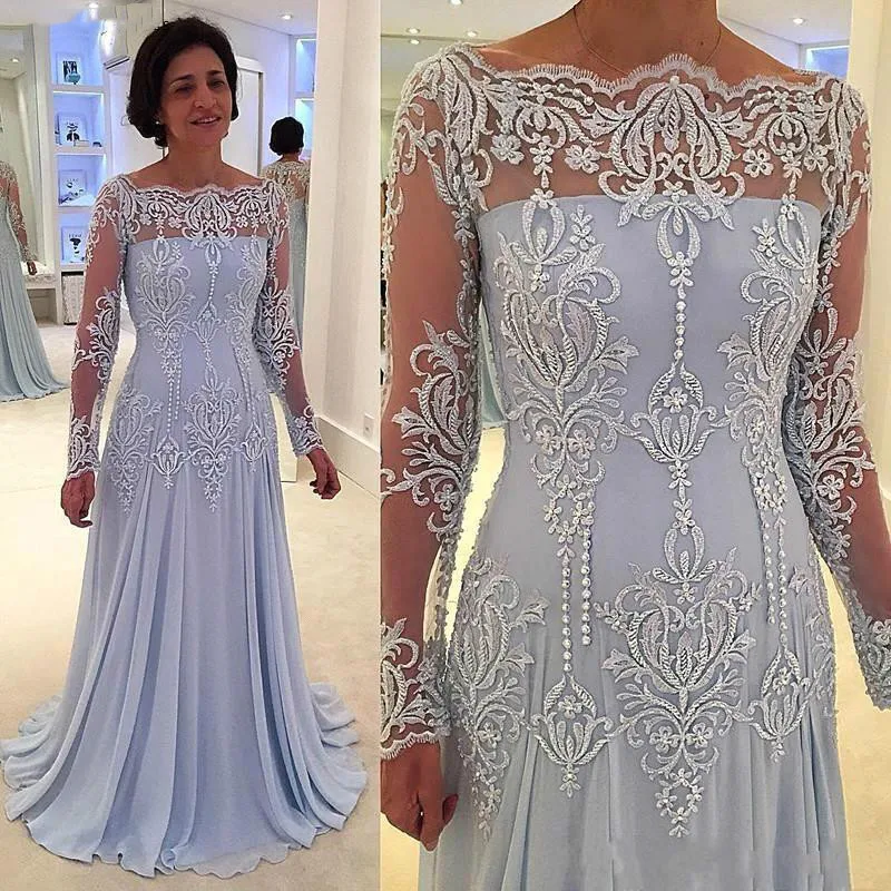 

2024 Elegance Blue Mother of the Bride Dresses Off Shoulder Sheer Long Sleeves Lace Applique Formal Godmother Guests Gown