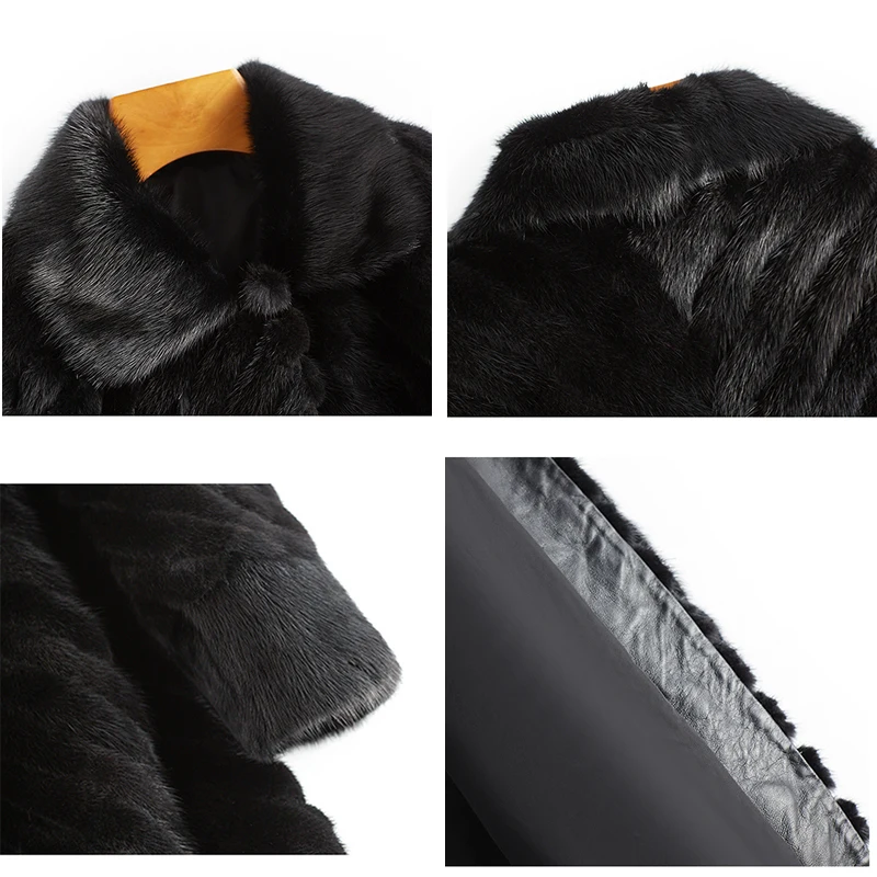 Vrouwen Jas Echte Mink Fur Jassen Lange Mouwen Winter Grote Warme Echt Bont Vrouwen Lange Zwarte Kleren Luxe Nertsen kraag Jas