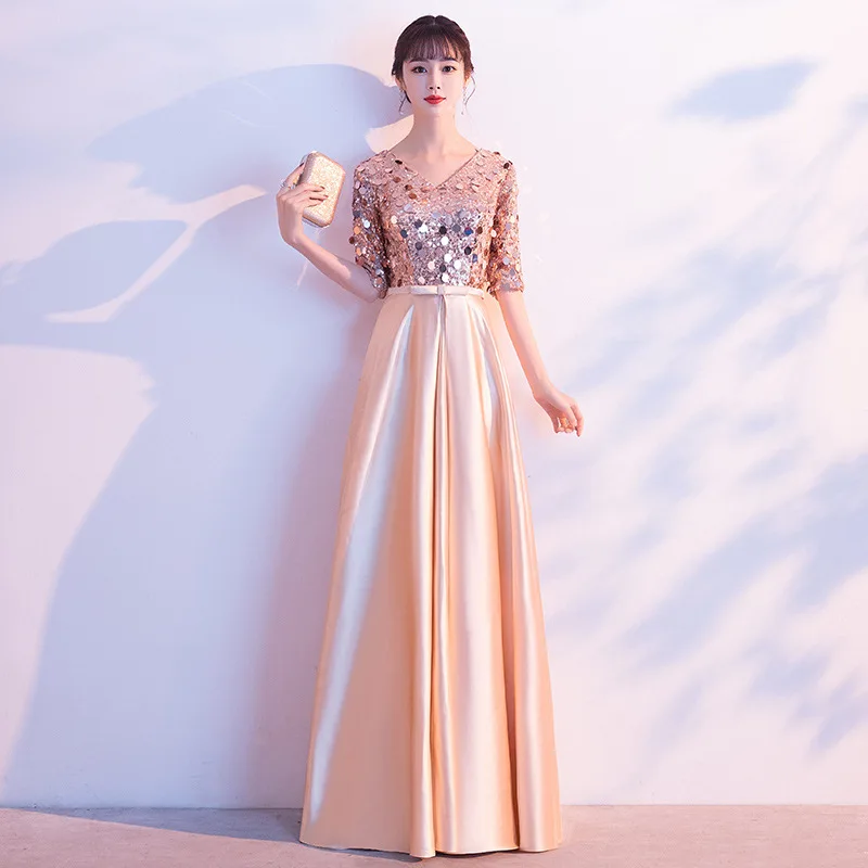 Golden Evening Dress 2020 New V-neck Half Sleeve Banquet Party Dress Sequins A-line Prom Dress Robe De Soiree Vestido De Festa