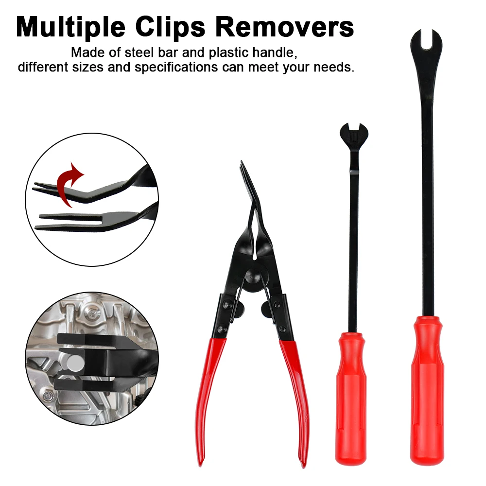 3pcs Universal Door Trim Clip Removal Pliers Auto Fastener Puller&Hook Retaining Bar Jaw Nail Repair Panel Kits Easy to Use