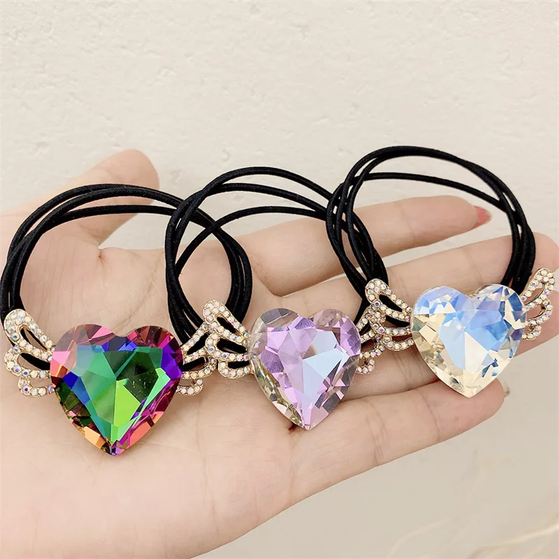 New Love Crystal Hair Tie Cute Girl Black Rubber Band Net Red Simple Hair Rope Hair Accessories