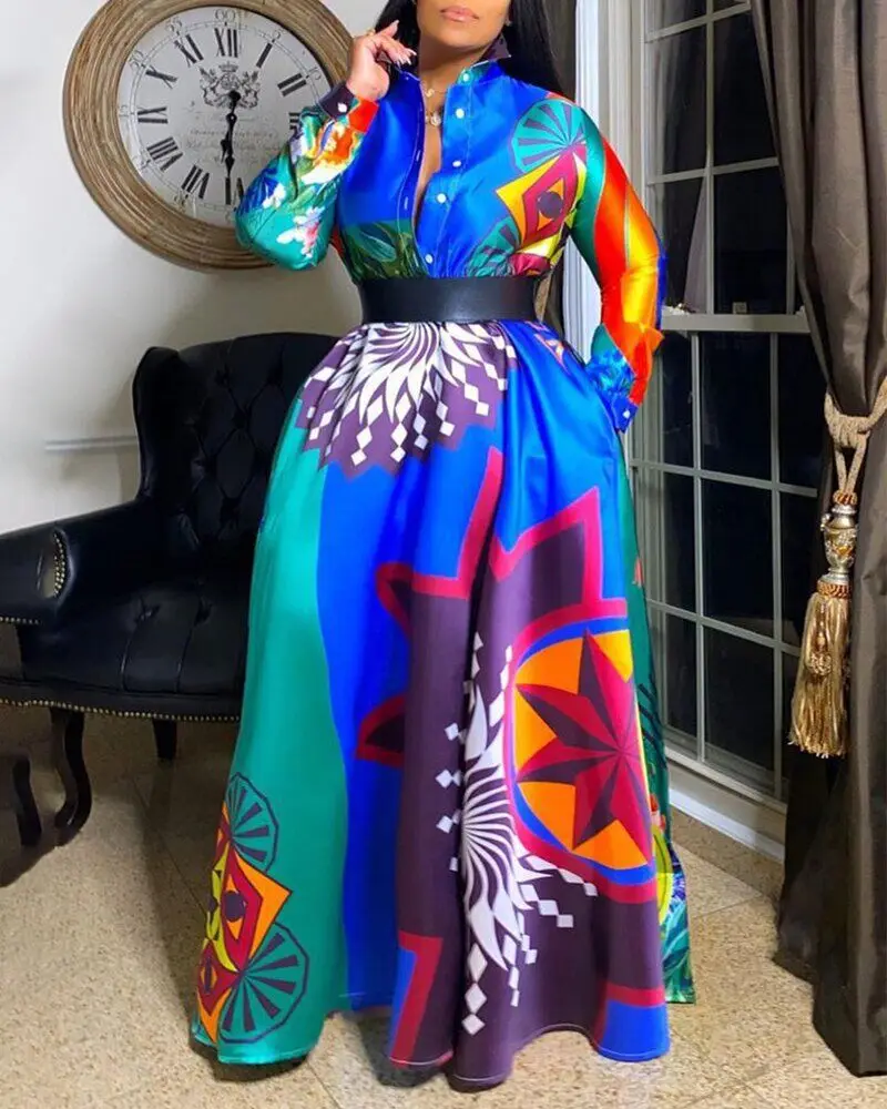 African Dresses for Women Summer African Women Printing Polyester Plus Size Long Dress African Clothes S-5XL