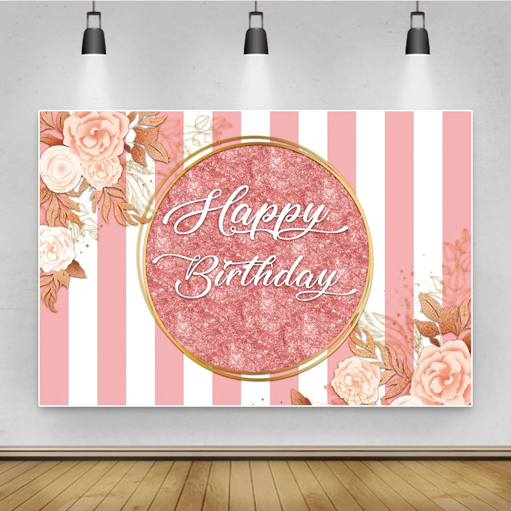 Laeacco Pink White Striped Birthday Banner Poster Princess Backdrop Glitter Spots Flower Girl Birthday Party Photo Background