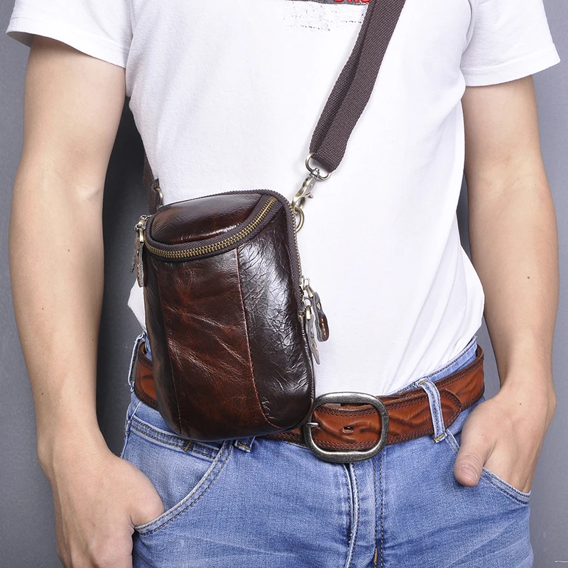 New Quality Leather men Casual Fashion Small Shoulder Messenger Bag Designer Hook Fanny Waist Belt Pack Cigarette Case 611-25-d