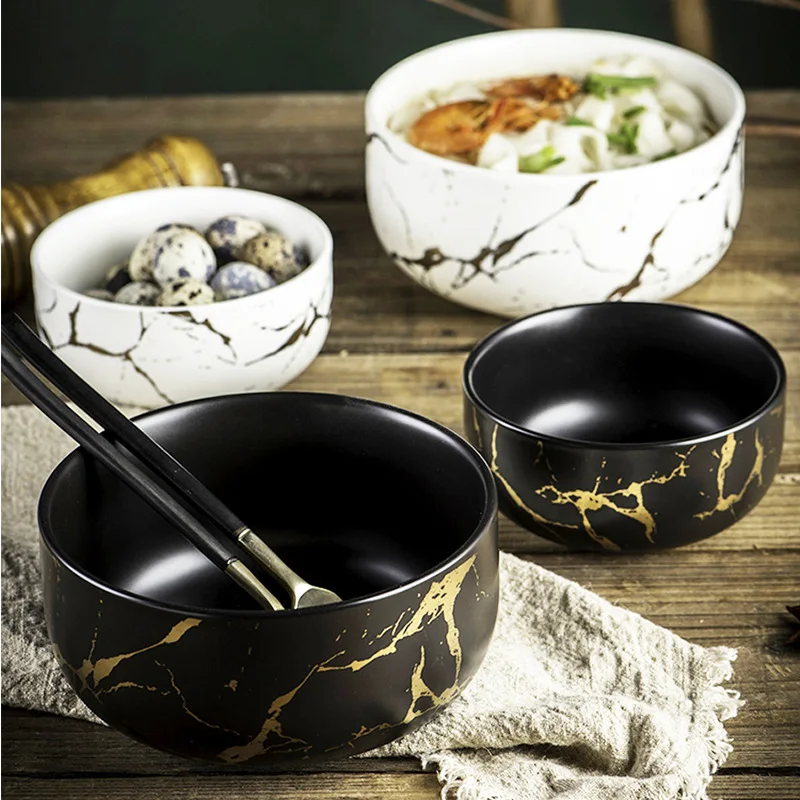 Marble Ceramic Bowl Home Tableware Set Nordic Style Porcelain Breakfast Rice Dinner Noodle Soup Round Bowls