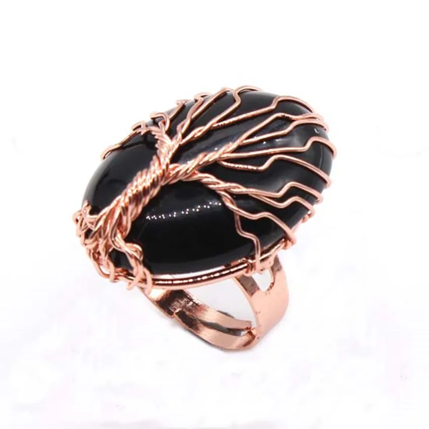 KFT Wire Wrapped Tree Life Oval Shape Amethyst Crystal Black Onyx Resizable Stone Finger Ring For Women Party Wedding Jewelry