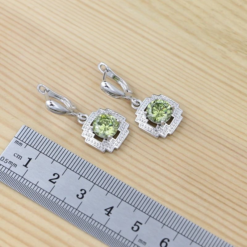 Woman Silver 925 Jewelry Set Olive Green Cubic Zirconia Square Hollow Earrings Ring Necklace Pendant Set