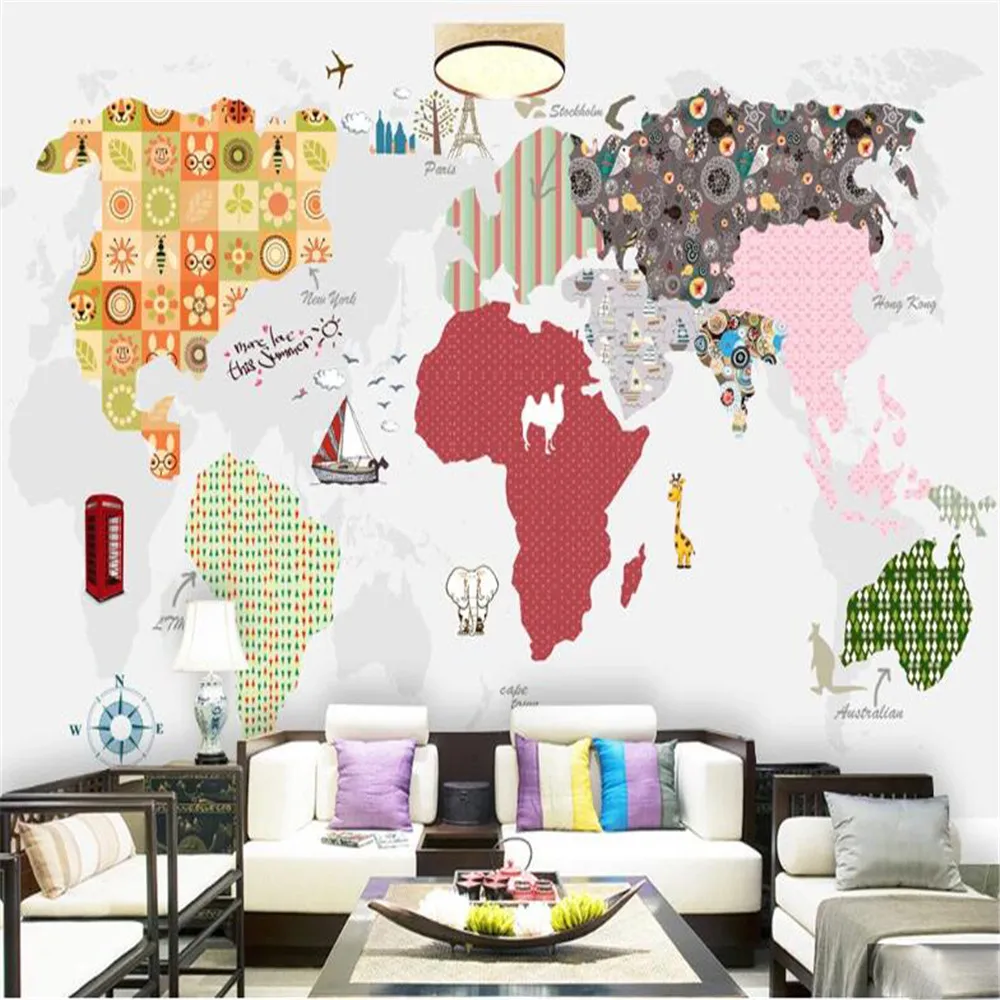 

Milofi large bedroom living room mural cartoon hand-painted letters world map background wall