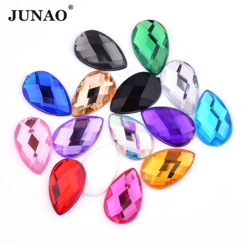 JUNAO AB Color Teardrop Crystal Rhinestones Decoration Flat Back Glitter Strass Glue on Acrylic Stones Clothing Garment Beads